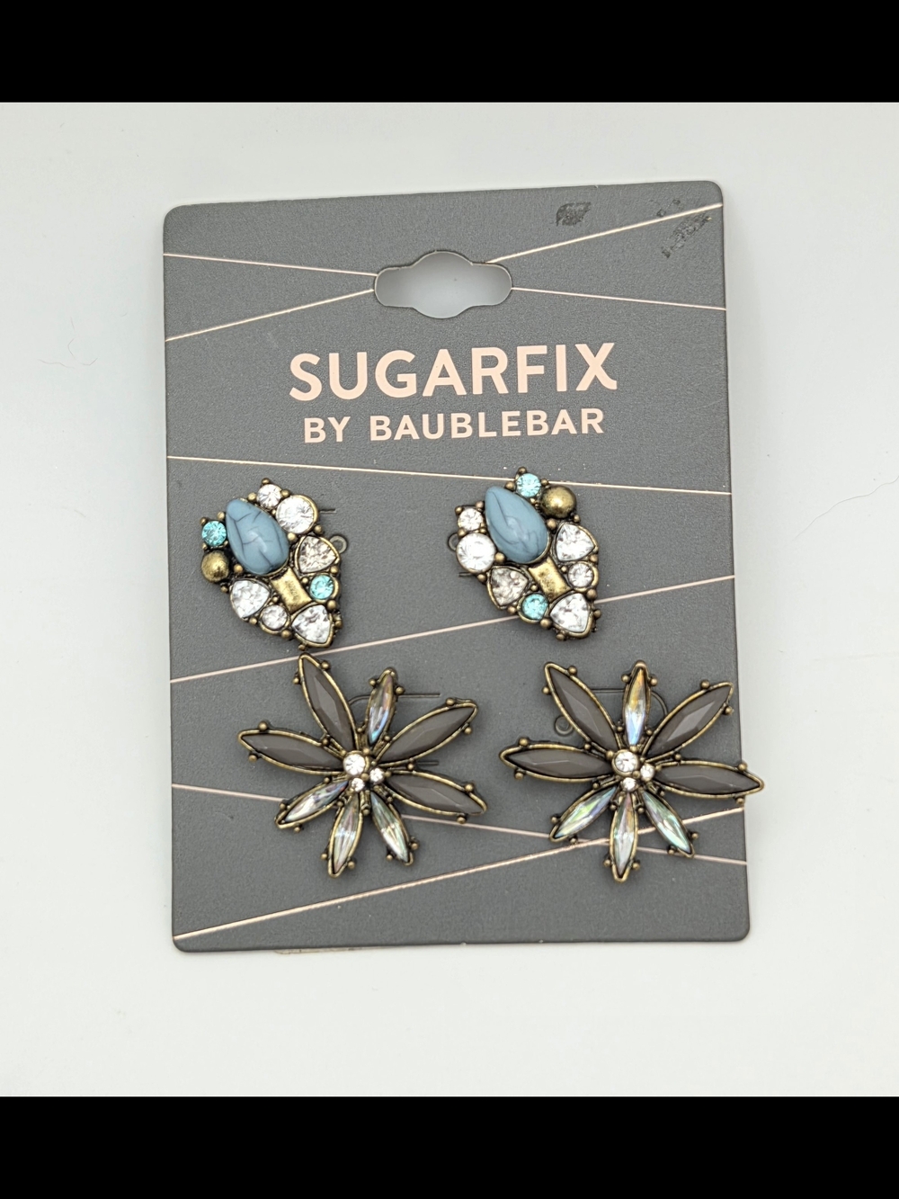Sugarfix by BaubleBar Earrings Set Blue Faux Turquoise & Gray Floral Crystal